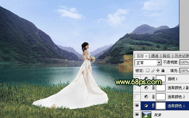 Photoshop给湖边的婚纱美女加上唯美的霞光