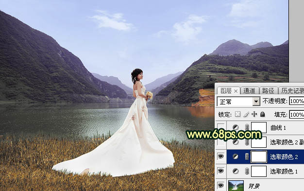 Photoshop给湖边的婚纱美女加上唯美的霞光