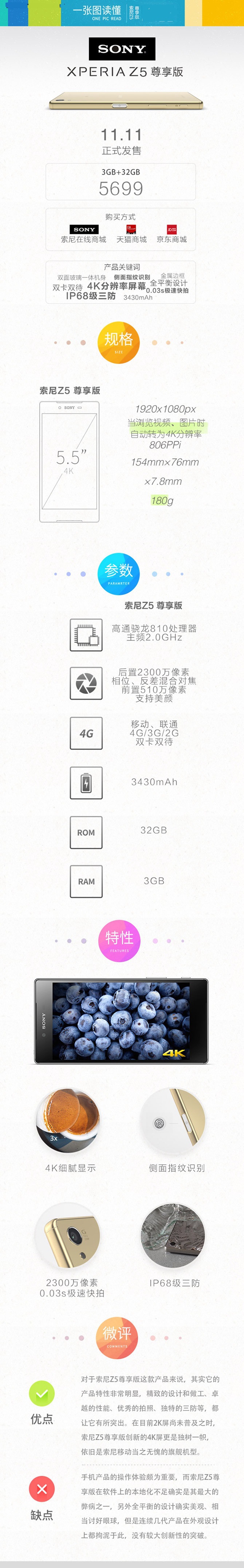 一张图读懂 首款4K屏手机索尼Z5尊享版