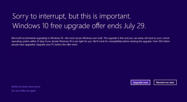 Win10免费升级即将于7月29日结束 微软提醒用户赶紧升