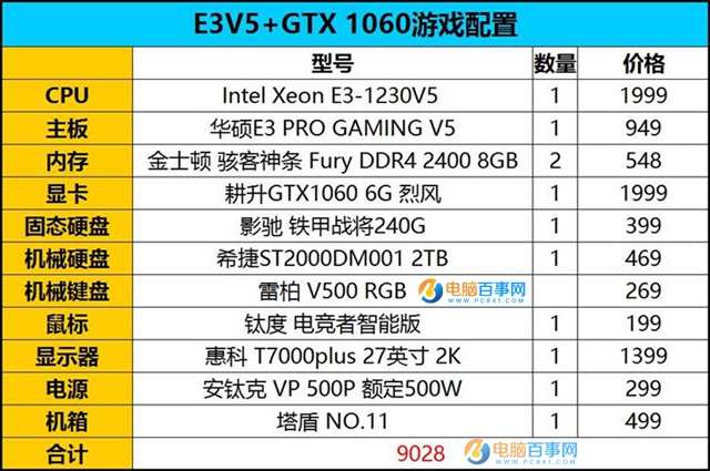 高性能畅玩单机 9000元至强E3-1230V5/GTX1060整套配置推荐