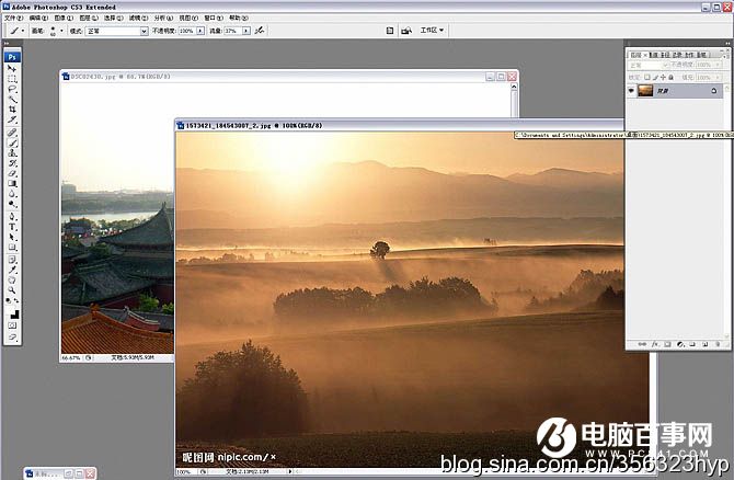 Photoshop给天空泛白的古建筑图片增加霞光和云雾教程