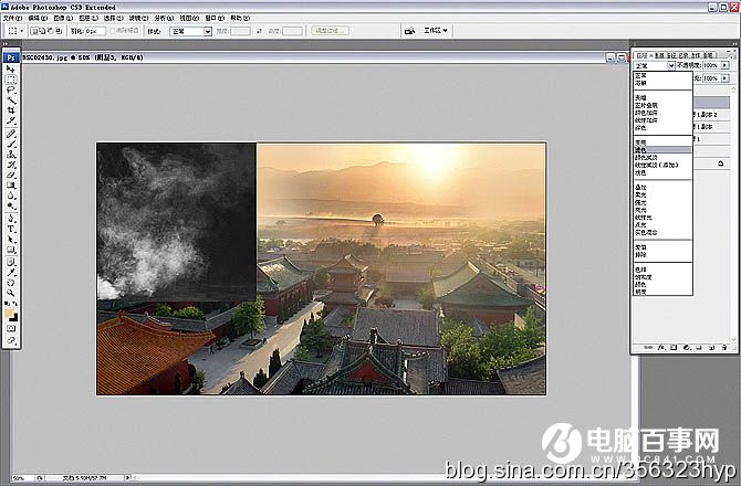 Photoshop给天空泛白的古建筑图片增加霞光和云雾教程
