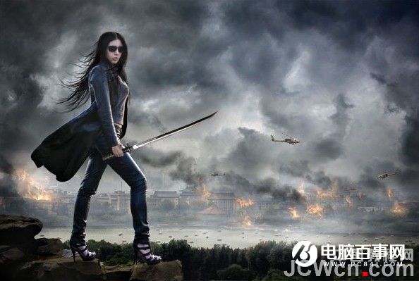 Photoshop合成战火中英姿飒爽的女战士