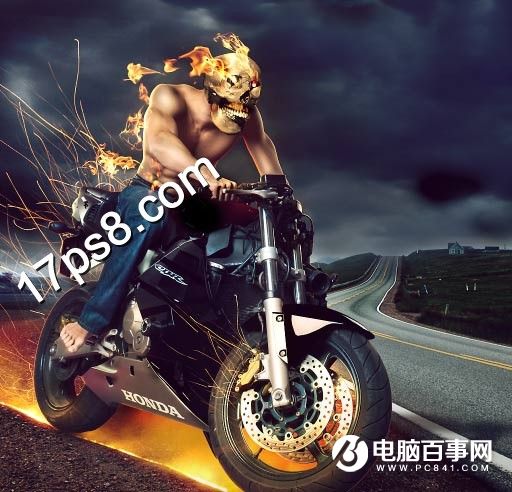 Photoshop合成公路上狂飙的火焰骑士