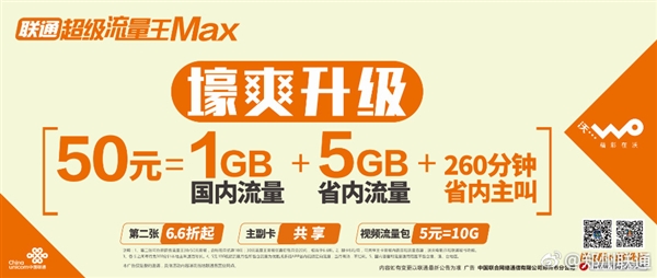 联通超级流量王MAX套餐：50元/6G流量