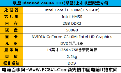 联想 IdeaPad Z460A-ITH电脑配置单