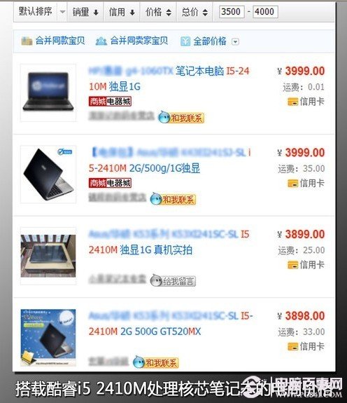 搭载酷睿i5 2410M处理核芯笔记本的电商价格，多数都在3800-4000元