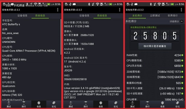 HTC Butterfly S安兔兔跑分超高2.5万