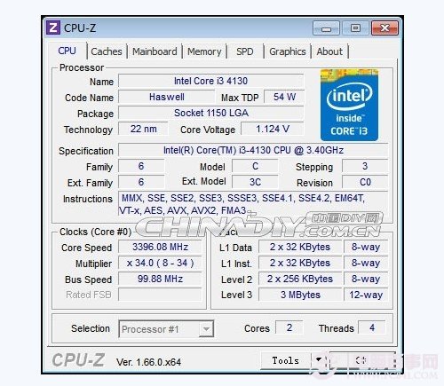 酷睿i3-4130 CPU-Z检测结果