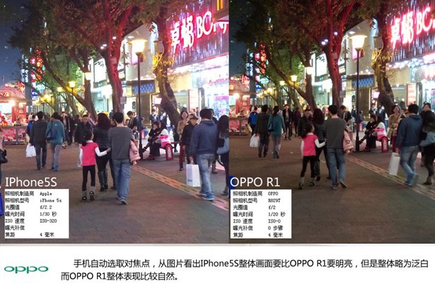 图为OPPO R1和iPhone5s夜拍照样张对比