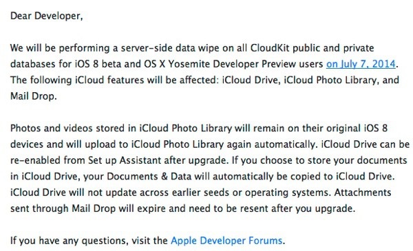 为iOS8新版测试做准备 7月7日苹果清除所有CloudKit数据