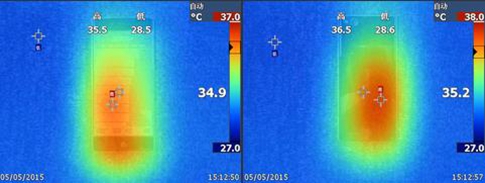 努比亚Z9使用安兔兔软件跑分的机身温度，均温约35度